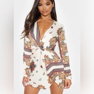PLT White Printed Silky Long Sleeve Wrap Dress